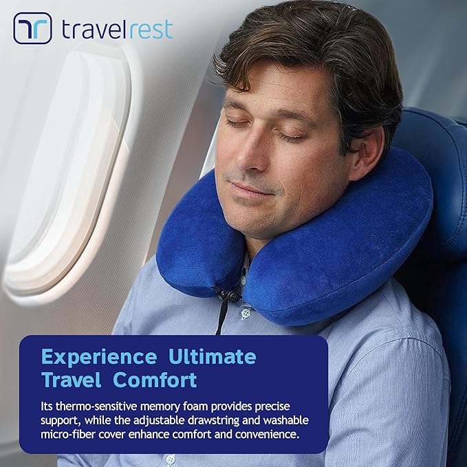 TRAVELREST Travel Essential Neck Pillow Curl - Memory Foam, Washable Micro-Fiber Cover, Soft and Comfortable Head Support for Long Flights, Compact, Attaches to Luggage, Airplanes, Cars, Bus - Blue