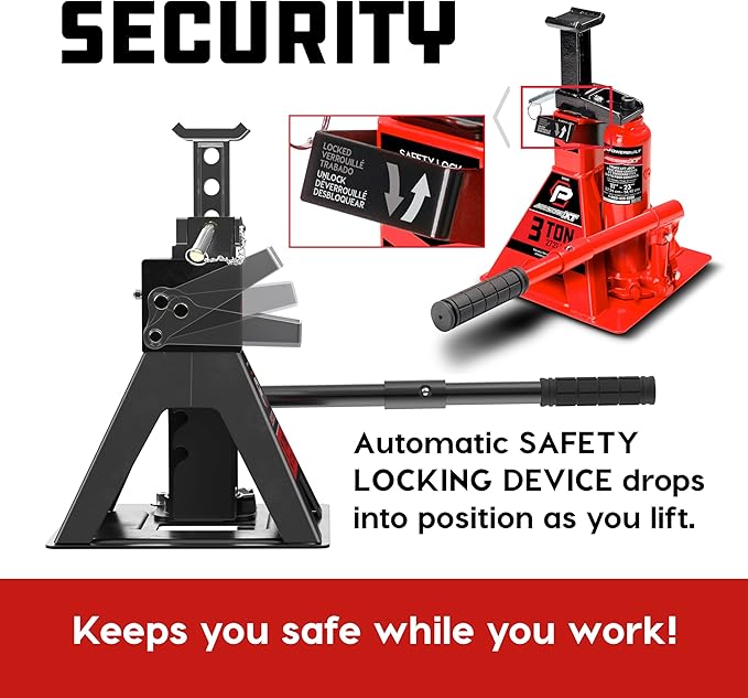 POWERBUILT 3 Ton All-in-One Hydraulic Bottle Jack and Jackstand in One, Compact, Wide Base, 11-21 Inch Range, Eliminates Jackstands, for Trucks, SUVs, RVs, Trailers, ASME, Not for Sedans - 640912