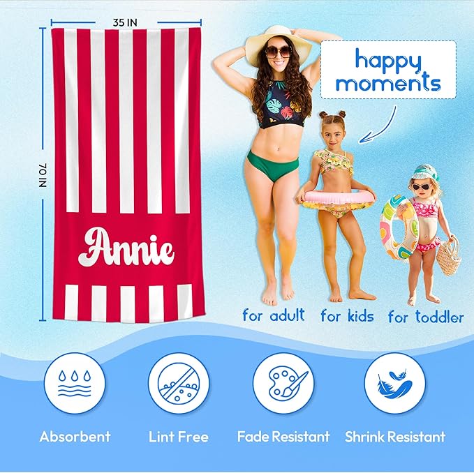 JML Personalized Beach Towel with Name, Custom Cabana Stripe Beach Towel, Customized Microfiber Pool Towel, Quick Dry & Absorbent Swim Towel for Adult,Mother's Day, Birthday, Summer Holiday,Vacation