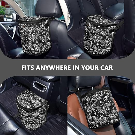 MNSRUU Car Trash Can with Lid, Digital Skull Head Moth Car Trash Bag Hanging Organizers and Storage for Front Back Seat, Leak-Proof Trash Bin