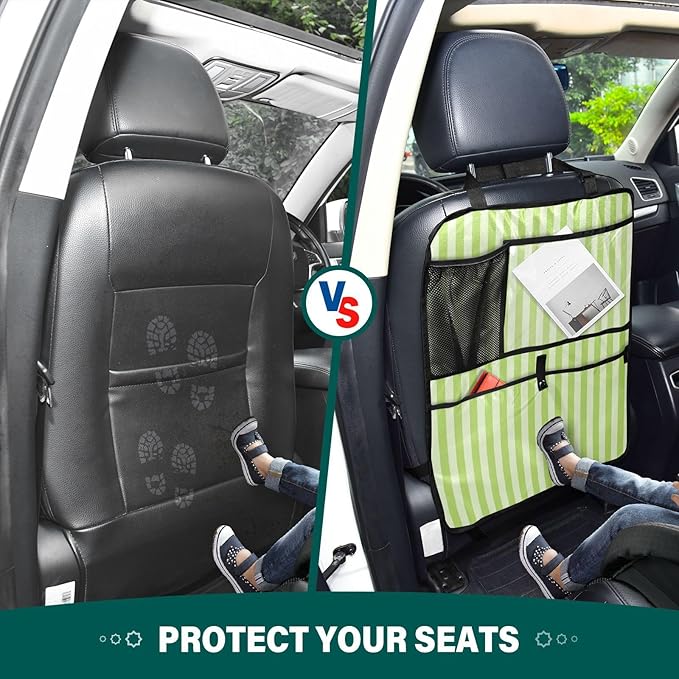 1 Pack Backseat Car Organizer with Storage Pockets Seat Back Organizers for Kids Kick Mats Backseat Protector Automotive Stripes Light Green