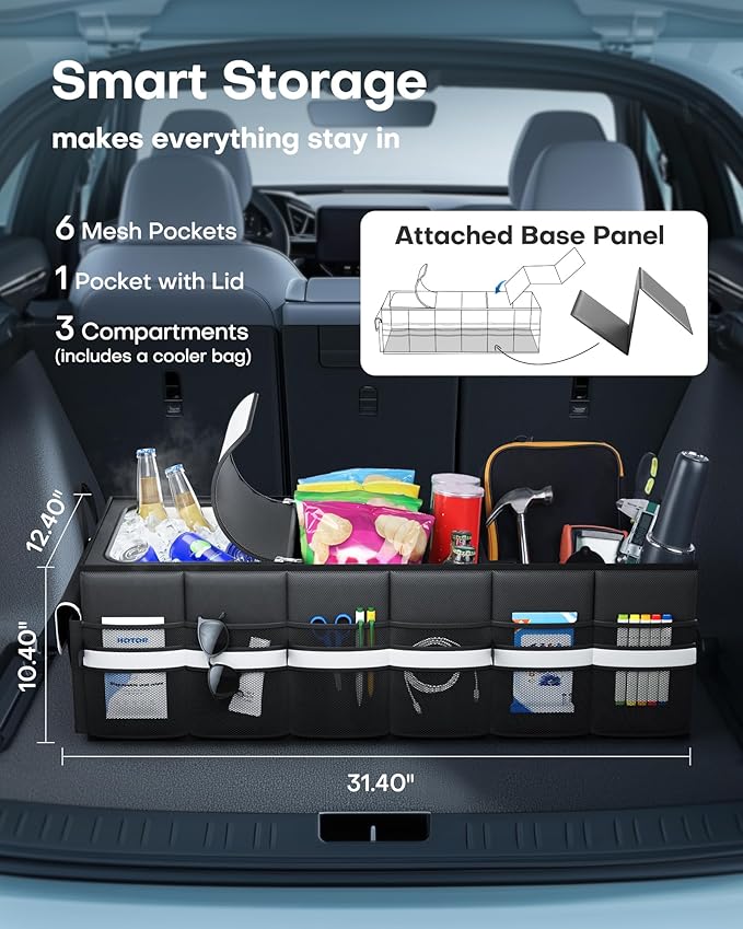 HOTOR Trunk Organizer - Car Organizer with Built-In Leakproof Car Cooler, Collapsible Trunk Organizer with Cooler for Car, SUV, Sedan, with Base Panel (3 Compartments, Black),31.9"×12.6"×10.6"