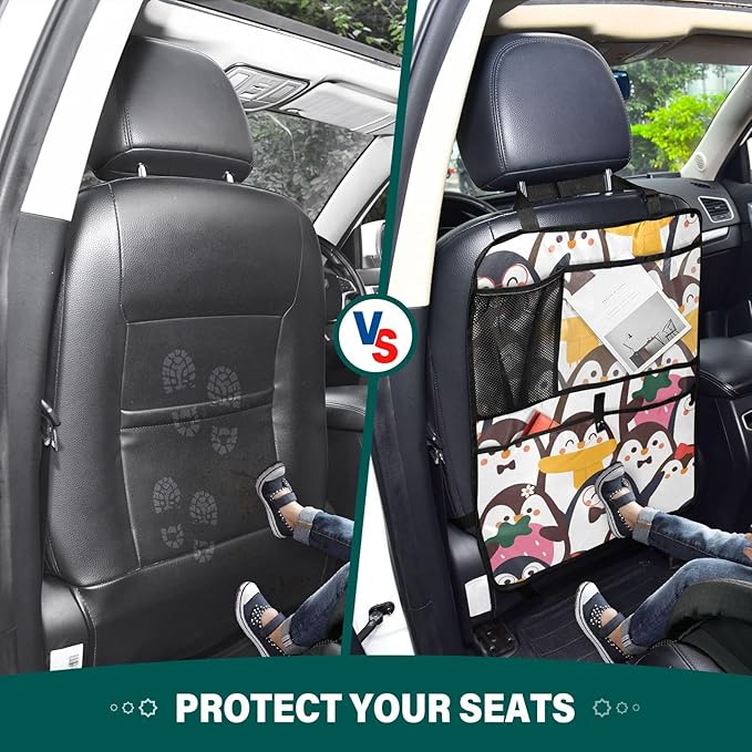 2 Pack Backseat Car Organizer with Storage Pockets Seat Back Organizers for Kids Kick Mats Backseat Protector Automotive Penguin Cute