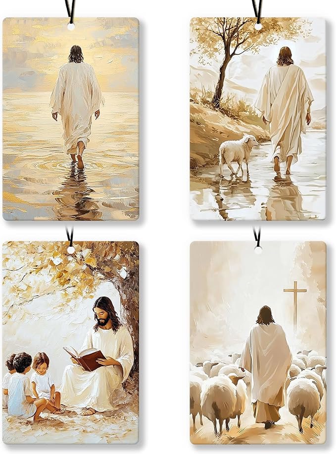 Christian Jesus Car Air Freshener 4Pcs, Jesus and Lamb Christian Air Freshener for Car Interior Closet Drawer Books, Neutral Religious Bible Verse Car Mirror Decor Hanging