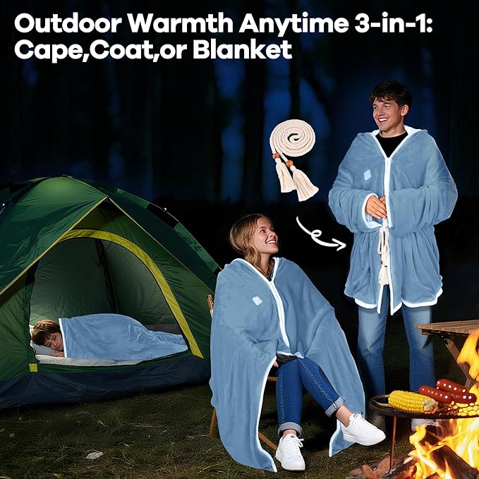 Wearable Heated Blanket with 20000mAh Power Bank, 11 Heating Zones, 3 Heat Levels, Timer, USB Powered, Machine Washable, for Camping, Office, Travel, Home Use (Snowy Blue)