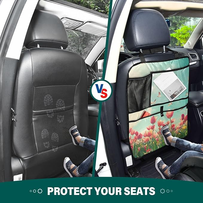 Beautiful Spring Tulips and Herringbone Birds 1 Pack Backseat Car Organizer with Storage Pockets Seat Back Organizers for Kids Kick Mats Backseat Protector Automotive