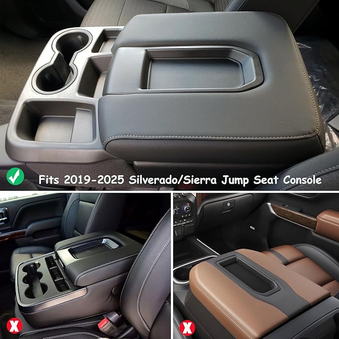 Center Console Cover Compatible with 2019-2024 2025 Chevy Silverado/GMC Sierra Jump Seat Accessories, Middle Console Armrest Lid Leather Protective Cover(ONLY for Split Bench Seat Console)