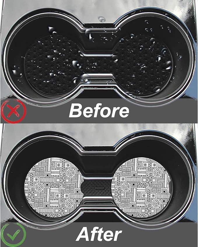 Black White Tribal Striped Ceramic Car Coaster for Cup Holders - 2.56 Inch Anti-Slip Cork Base - 2Pcs Auto Accessories for Women Men