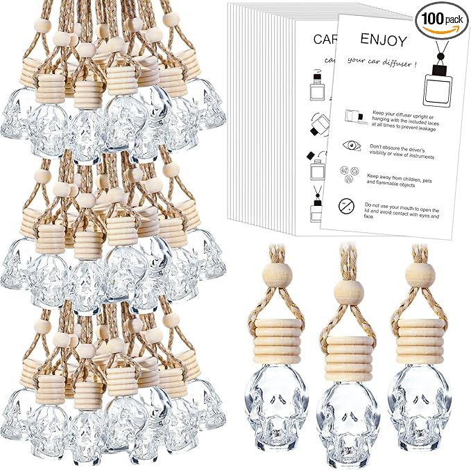 100 Sets Car Diffuser Bottles Empty Bulk Hanging Car Air Freshener Diffuser Bottles Glass Perfume Holder with Instruction Cards for Essential Oil Valentines Birthday Gifts (Skull)