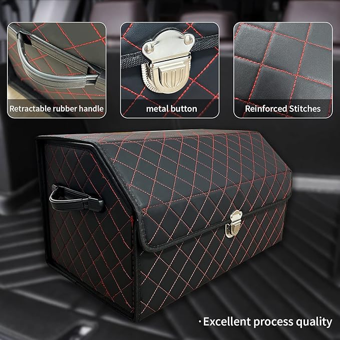 Trunk Organizer for Car With Lid,Foldable Trunk Organizer for SUVs & Sedans,Multi-Functional Leather Storage Box- Black Red Grid - Small