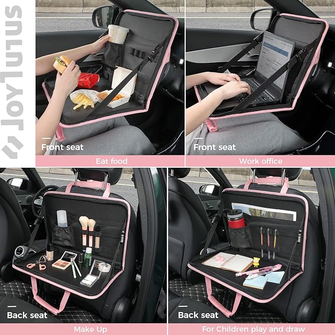 JOYTUTUS 3 in 1 Steering Wheel Eating Tray (Pink), Car Back Seat Laptop Desk, Multifunctional Office Bag Car Work Table for Writing, Car Organizer for Kids, Commuters, Family