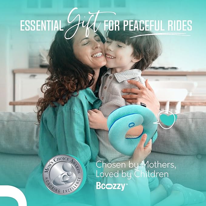 BCOZZY Kids Chin Supporting Travel Pillow for Ages 3–7- Patented Soft Neck Pillow for Head and Chin Support in Car Seat and Airplane. Comfortable Travel Essential. Small Size, Bag, Unicorn