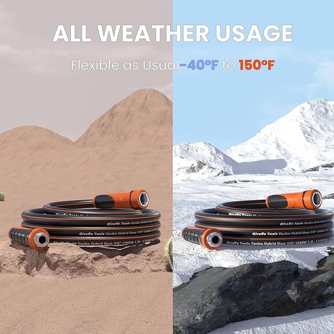 Giraffe Tools 100FT Garden Hose 5/8'' Set with 10-Pattern Spray Nozzle, Quick Connects & Ground Spinkler, for Garden Greenhouse Flower Bed Garden Water Hose