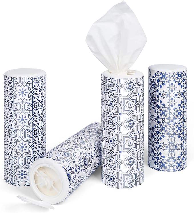 Car Tissue Holder with Facial Tissues Bulk,Travel Tissues, Round Tissue Box for Car, 4 Tubes Car Tissues with Lotion, Paper Towels Holder for car,Car tissues Cylinder