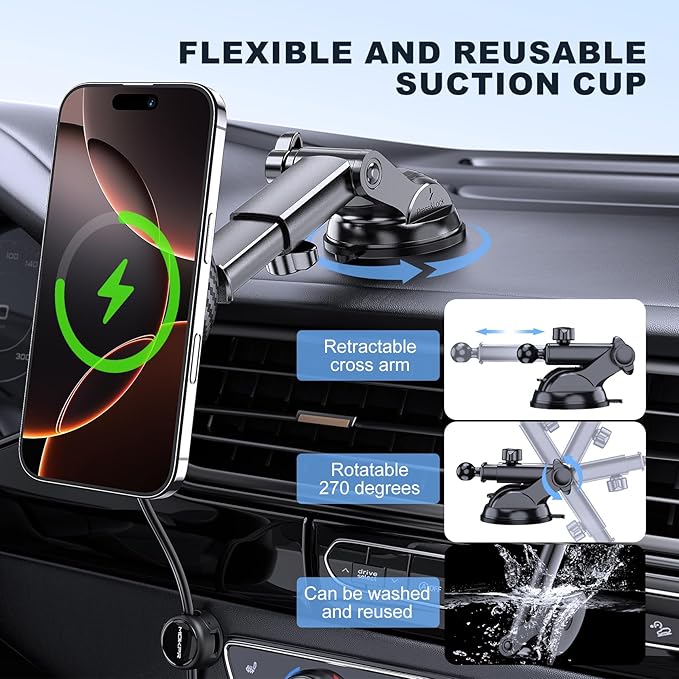 MOKPR Only for iPhone Magsafe Car Mount Charger, Magnetic Phone Holder for Your Car Charger Dash Windshield Vent Magnetic Wireless Car Charger Mount for iPhone 17 16 15 14 13 12 Carbon Firber