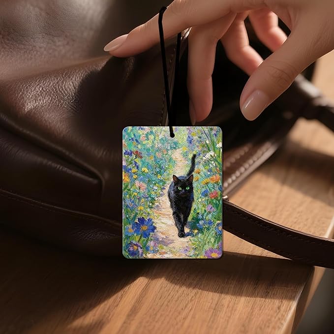 Vintage Black Cat Floral Air Freshener 4Pcs, Artistic Cat & Flower Field Air Freshener for Car Interior, Closet, Drawer, Books,Car Mirror Decor Hanging, Gift for Cat Lovers
