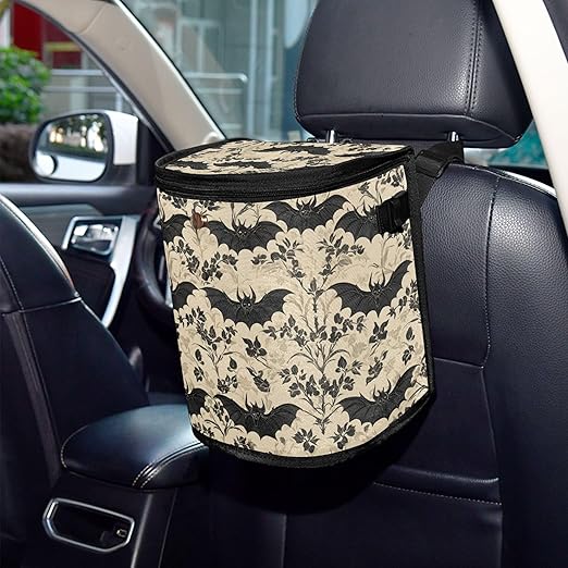 MNSRUU Car Trash Can with Lid, Bats and Flowers Vintage Car Trash Bag Hanging Organizers and Storage for Front Back Seat, Leak-Proof Trash Bin