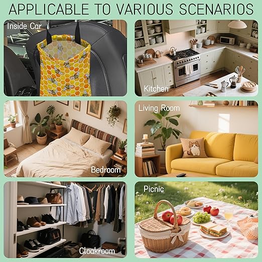 Watercolor Bees Car Trash Bag,Honeycombs Hanging Drawstring Car Garbage Bag,Waterproof Canvas Car Back Seat Organizer with Adjustable Buckle,for Vehicles,SUVs,Camping,Road Trips