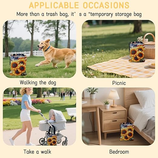 Sunflowers on American Flag Car Garbage Bag, Small Car Trash Bag Hanging Back of Seat,Drawstring Car Trash Bag with Adjustable Buckle,Car Accessories for Camping Travelling