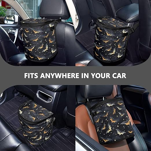 MNSRUU Car Trash Can with Lid, Gothic Skull Bat Car Trash Bag Hanging Organizers and Storage for Front Back Seat, Leak-Proof Trash Bin