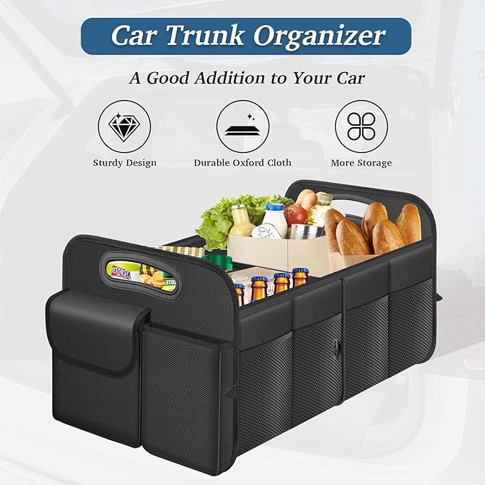 Trunk Organizer, Collapsible Waterproof car Trunk Organizer for SUVs & Sedans, Car Storage Organizers with Reinforced Handles, Car Accessories for Women and Men, 2 Compartments, 52L, Black