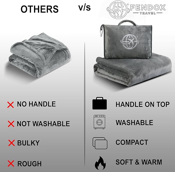 2-in-1 Travel Blanket and Pillow – Lightweight, Compact, Ultra Soft, Machine Washable – Handle, Luggage Sleeve, Backpack Clip – for Travel Airplane, Car, Office (Gray)