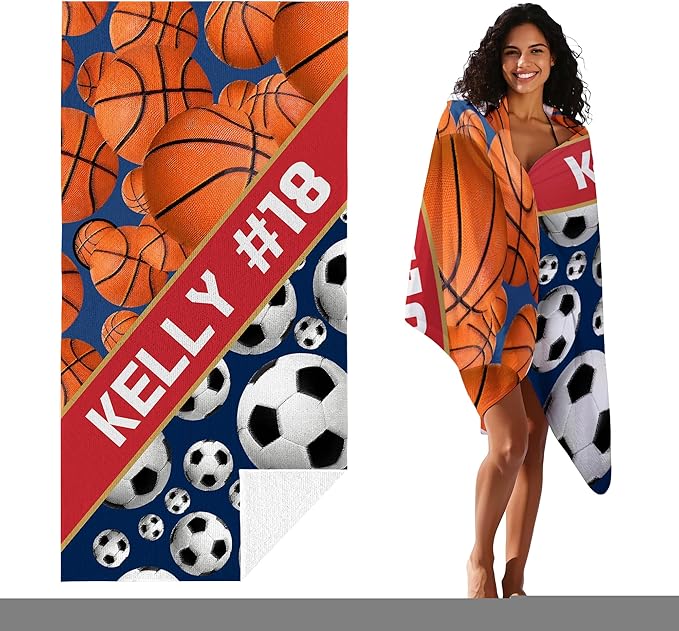 Personalized Beach Towel With Name, Custom Beach Towel with Text, Customized Basketball Football Microfiber Pool Towel, Quick Dry & Absorbent Swim Towel for Adult,Anniversary, Birthday, Summer Holiday