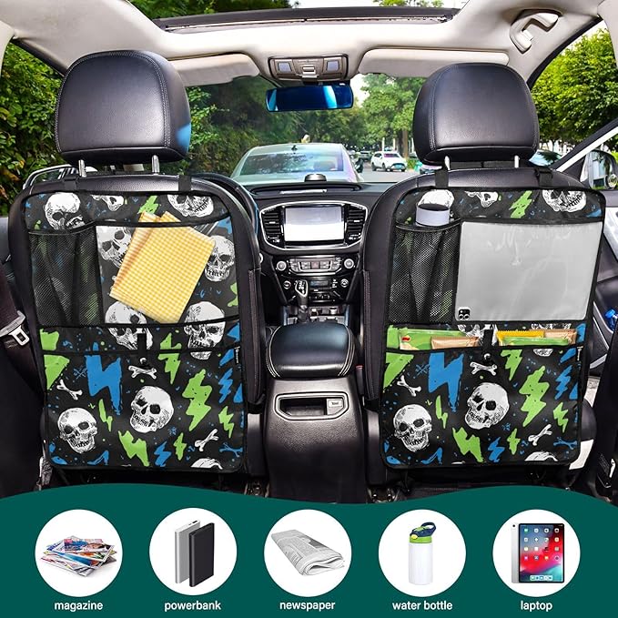 1 Pack Back Seat Car Organizer with Storage Pockets Kick Mats Back Seat Protector Hanging Car Organizer Automotive Seat Back Cover Organizers Skull Lightning Colorful