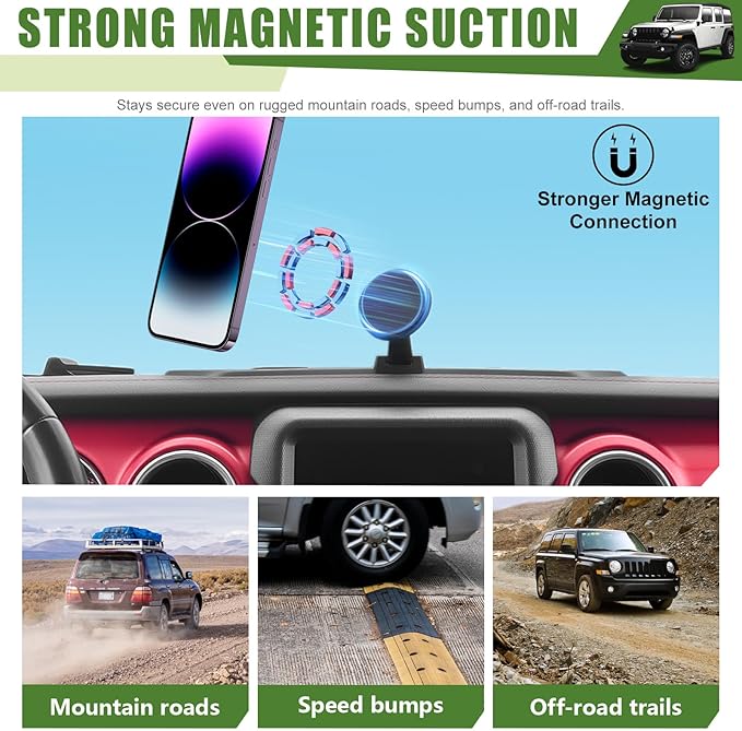 Magnetic Phone Mount Holder for 2018-2023 Jeep Wrangler JL JLU & 2020-2023 Gladiator JT Magnet Dash Cell Phone Cradles Adjustable Phone Stand Accessories for Jeep JL/JT(Not for 4XE/JK/2024+)