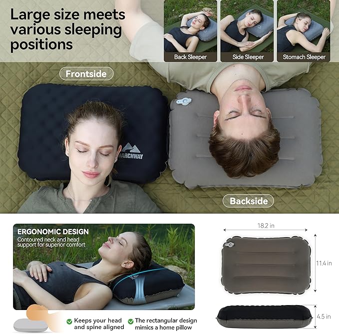 MARCHWAY Inflatable Camping Pillow with Soft Foam Top & TPU Air Bladder, Dual-Sided Support for All-Season, Lightweight Compact Travel Pillow for Hiking, Backpacking, Airplane, Car (Black)
