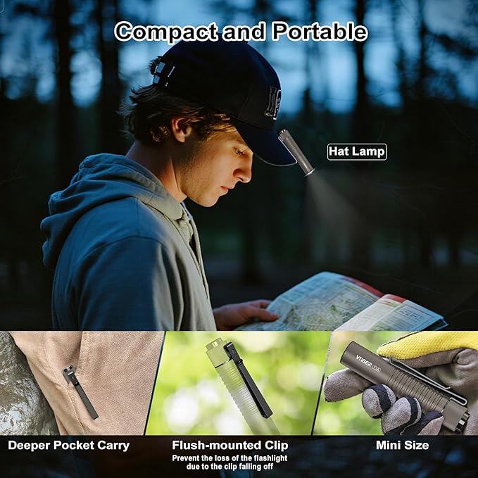 VTIGER T1A Mini Pocket EDC Flashlight with Clip,1300 Lumen Compact AA Rechargeable LED Little Flashlights, Super Bright Tail Switch Small Flash Light with Magnet for Camping,Hiking,Outdoor,Emergency