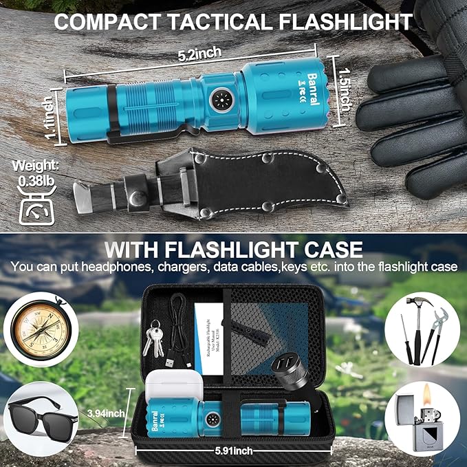 Banral Flashlights High Lumens Rechargeable, Super Bright Long Range Small Powerful Flashlight, 6 Modes LED Tactical Pocket Waterproof Flash Light for Home Emergency (1, Turquoise)