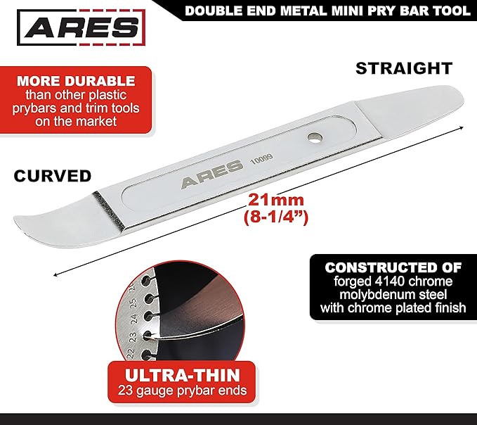 ARES 10099 - Compact Double End Metal Skin Wedge Prybar Tool - Durable Prybar Removes Trim, Paneling, Fasteners, and More - Compact Design with Curved and Straight Ends for Increased Versatility