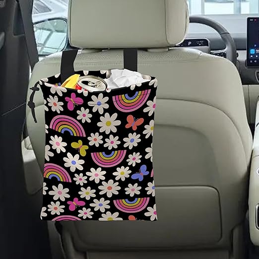Car Trash Bag Daisy Rainbow Butterfly Car Garbage Bag Hanging Car Trash Can for Back Seat with Drawstring, Waterproof Garbage Bags for Car Accessories Vehicle Travelling Camping Outdoor