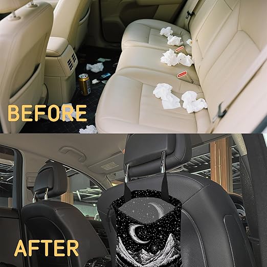 Moon and Lake River Car Garbage Bag,Mountain Night Sky Small Car Trash Bag Hanging Back of Seat,Drawstring Car Trash Bag with Adjustable Buckle,Car Accessories for Camping Travelling
