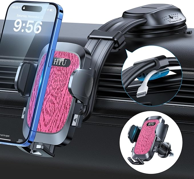 HTU Upgraded Strongest Suction Car Phone Holder Bendable Arm, Never Block View Rotatable Cellphone Mount for Dashboard Windshield Vent, Cradle Stand for iPhone 17 16 15 14 13 12 Pro Max (Dark Pink)