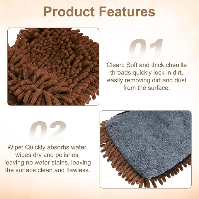 HARFINGTON Chenille Microfiber Car Wash Mitts 9.8" x 7.9" Scratch Free Wash Gloves Absorbent Double Sided Plush Cleaning Drying Mitts for Car Washing Home Clean, Brown