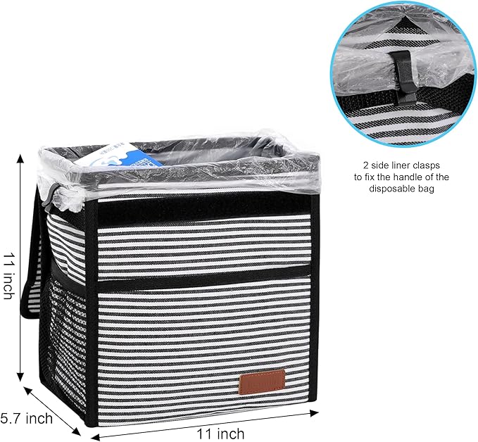 Femuar Leak Proof Car Trash Can With Lid - Waterproof Garbage Bag With Storage Mesh Pocket, Large/Stripe