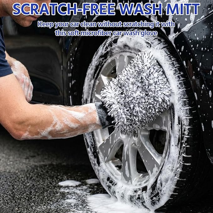 4 Pack Microfiber Car Wash Mitts Set 10x7 Inch Soft Suede Lining Car Wash Gloves, Highly Absorbent Scratch-free Cleaning Cloths for Auto Detailing, Safe with All Soaps, Bucket (Blue & Black)