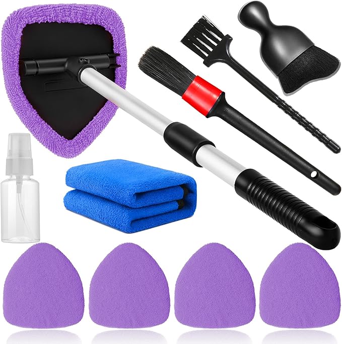 10pcs Windshield Cleaning Tool Inside Car Window Cleaner Wash Kit with 4 Reusable Microfiber Pads 1 Spray Bottle and Extendable Handle Interior Auto Glass Wiper Kit, Purple