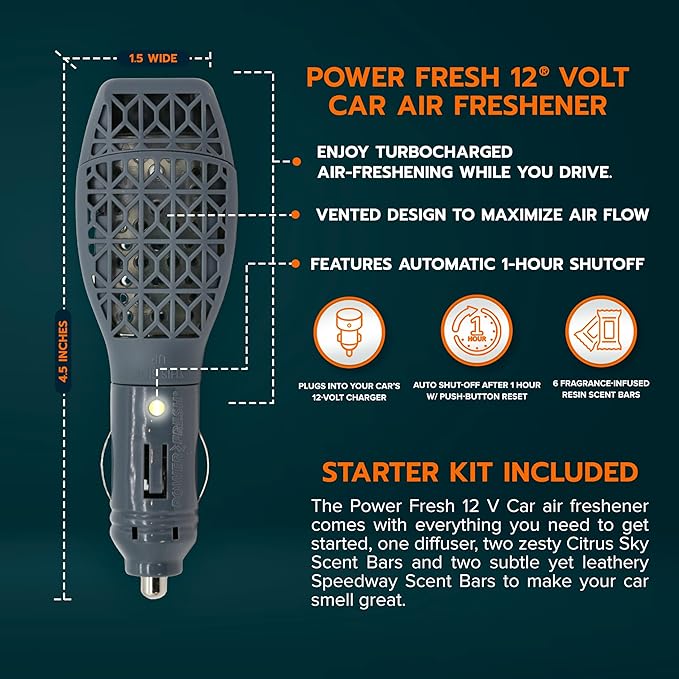 Drive Time Power Fresh Refillable Car Air Freshener – 12V Plug-In Reusable Car Scents Air Enhancer with Long-Lasting Scent Up to 30 Days – Includes 4 Scent Bars – Compact Design - Silver