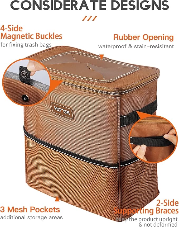 HOTOR 3 Gallons Car Trash Can, Ultra Large Capacity Organizer and Storage with Adjustable Straps & Magnetic Snaps, Waterproof Car Accessory for Interior Car Stuff Storage, Brown