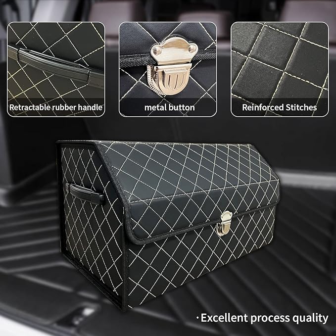 Trunk Organizer for Car With Lid,Foldable Trunk Organizer for SUVs & Sedans,Multi-Functional Leather Storage Box- Black Grid - Small