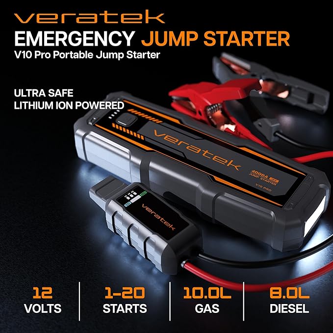 V10 Pro 4000A Car Battery Jump Starter Portable (10.0L Gas & 8.0L Diesel) – 12V Lithium Battery Booster Pack with SmartCharge Safety, Jumper Cables, 24000mAh Power Bank, Jump Box, LED Light