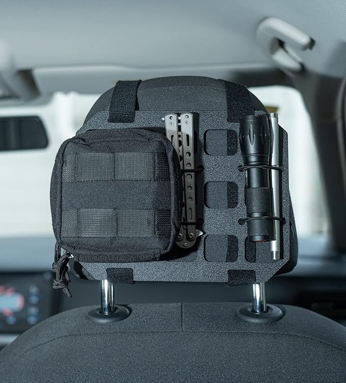 TACNEX Car Headrest Organizer MOLLE Panel for Vehicle Seat Back EDC Pouch Tool Holster Bag Gadget Holder Backpack Insert Panel Tactical Gear Rack Truck Equipment Plate Modular Storage Shelf