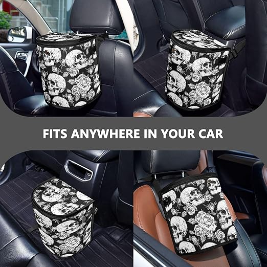 MNSRUU Car Trash Can with Lid, Gothic Skulls and Flowers Car Trash Bag Hanging Organizers and Storage for Front Back Seat, Leak-Proof Trash Bin