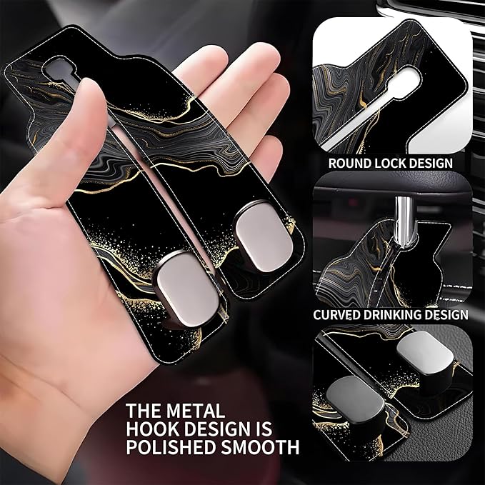 1 Pack Car Seat Headrest Hooks for Purses Abstract Black Golden Marble Bag Purse Holder for Car with Double Metal Hooks Car Purse Hanger Hanging Accessories