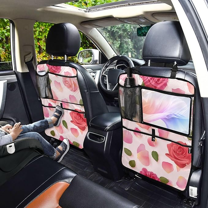 Pink Yellow Rose 1 Pack Backseat Car Organizer with Storage Pockets Seat Back Organizers for Kids Kick Mats Backseat Protector Automotive