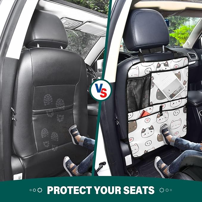 1 Pack Back Seat Organizer with Storage Pockets, Kick Mats, Car Organizer, Automotive Seat Back Cover, Cute Cats