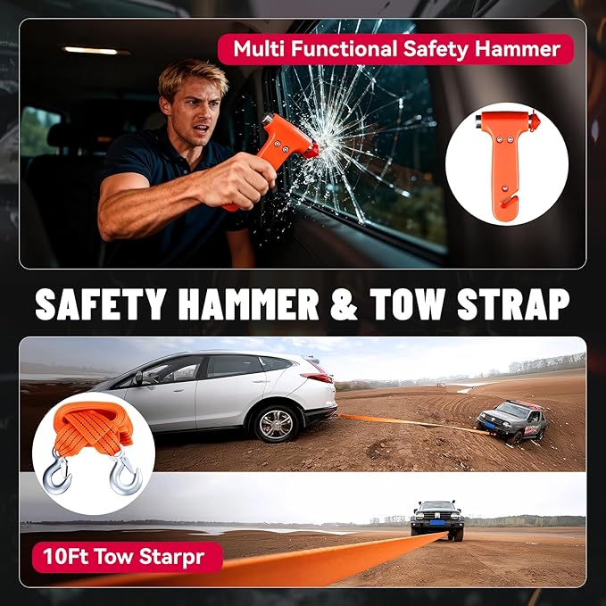 15PC Car Emergency Kit with Jumper Cables, Roadside Assistance Safety Kit for Auto & Truck, Includes Safety Hammers, Tow Strap, Warning Triangle, First Aid, Gifts for Young Men or Women,Red